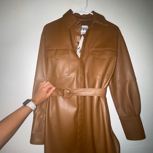 ZARA BROWN CAMEL LEATHER BELT SHIRT MINI DRESS TAN - Picture 4 of 9